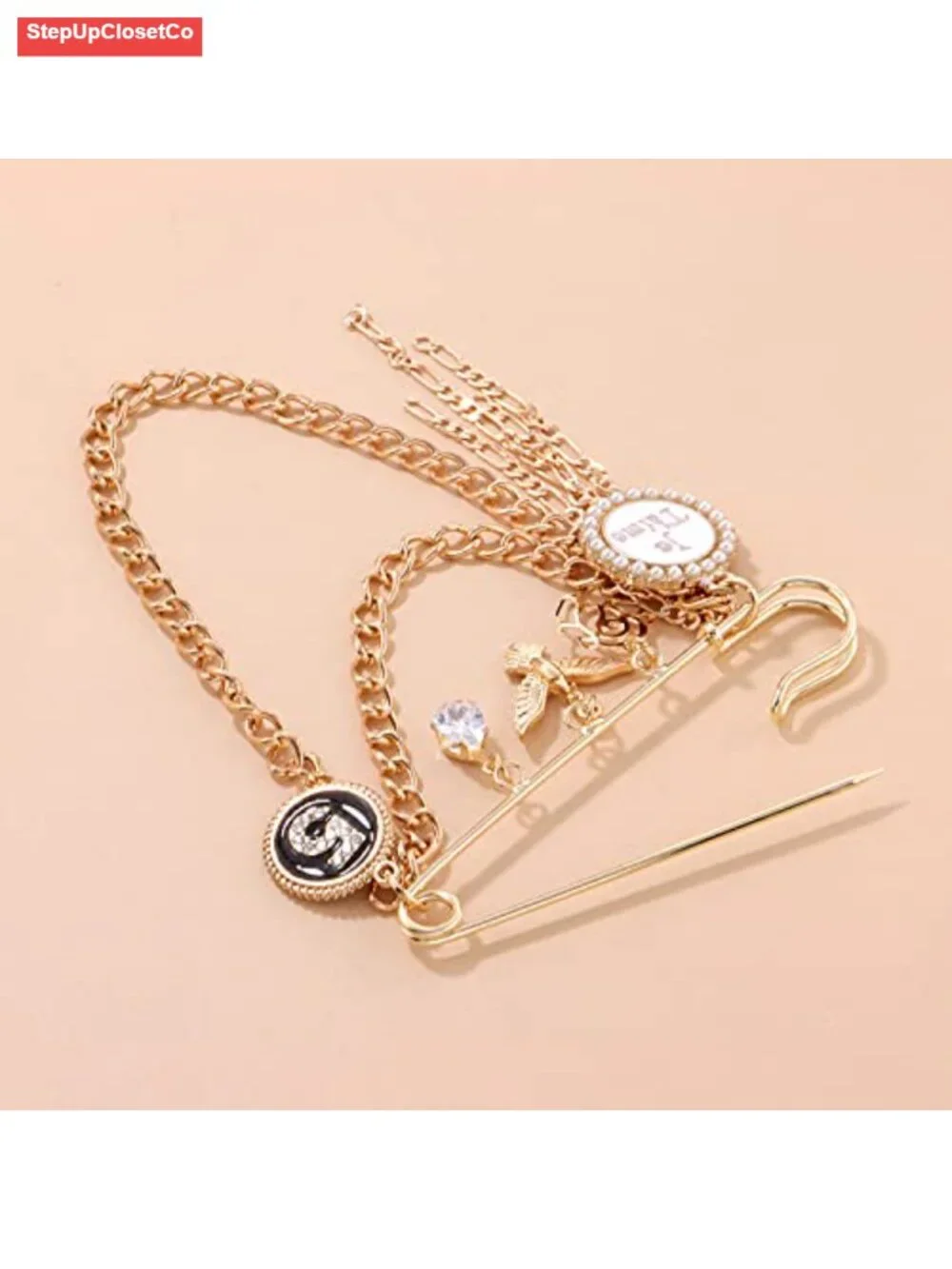 Gold Chain Brooch Star Moon Pearl Crystal Rhinestone Pin for Sweater Shawl